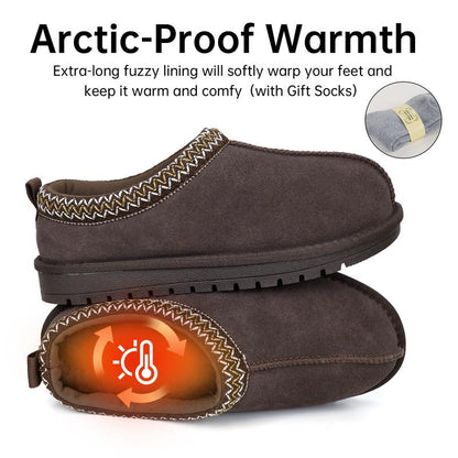 RELVANZO Women's Braided Leather Outdoor Suede Slippers Mini Platform Boots with Fluffy